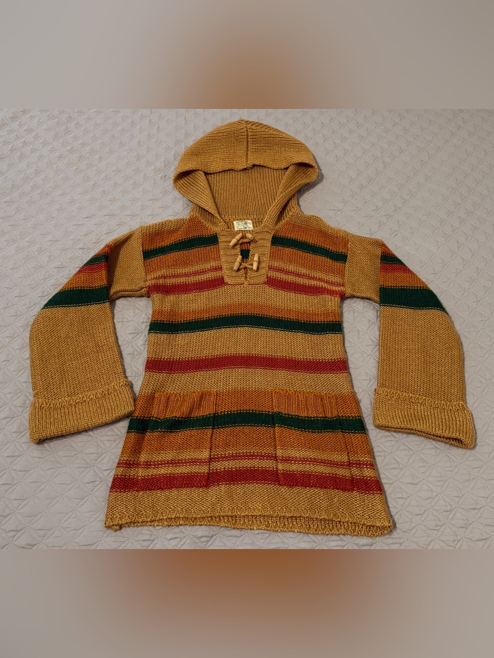 Sears Bazaar Junior L Womens XS Boho Toggle Hooded Sweater Mustard Gold VTG 70s